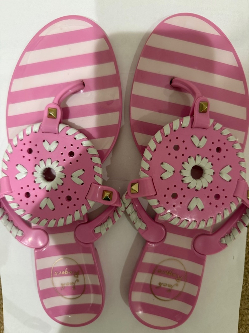 Jack Rogers Pink and White Striped Jelly Sandals with Floral Medallion